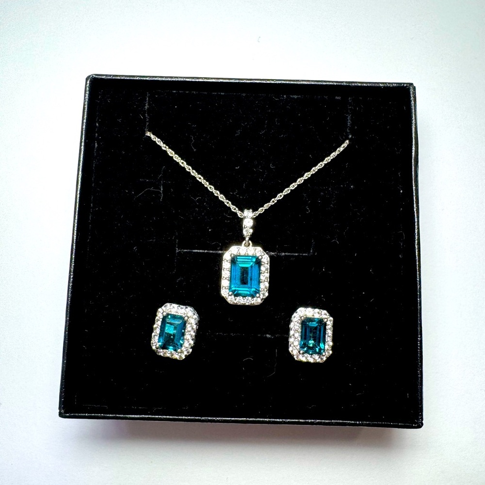 NWT sterling silver sapphire necklace and earrings set. Never worn. No flaws.